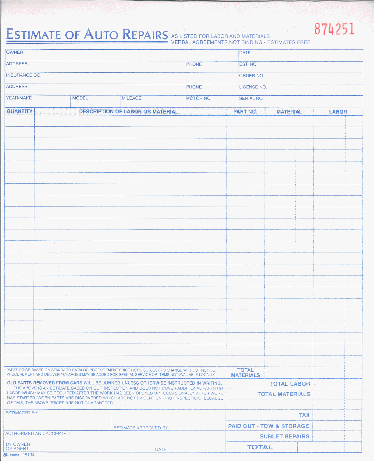 auto repair estimate template