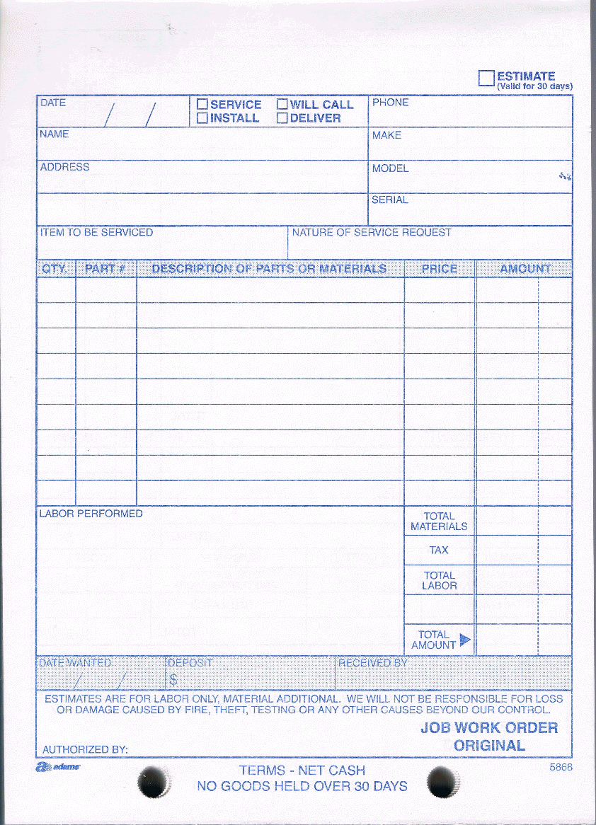 adams t5868 job work order book 3 part job work order book