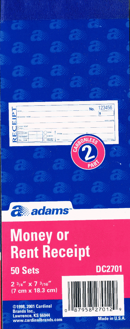 Adams DC2701 Money/Rent Receipt Book