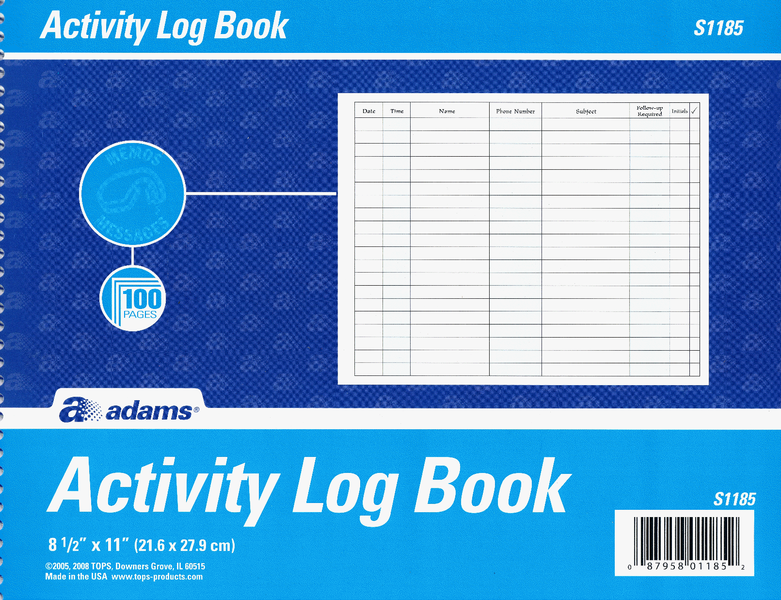 Black 110 Pages dans 11 x 8.5 Activity Log Book 27.9 x 21.6 cm