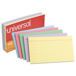 Universal Index Cards, 3 x 5, Blue/Violet/Green/Cherry/Canary, 100/Pack