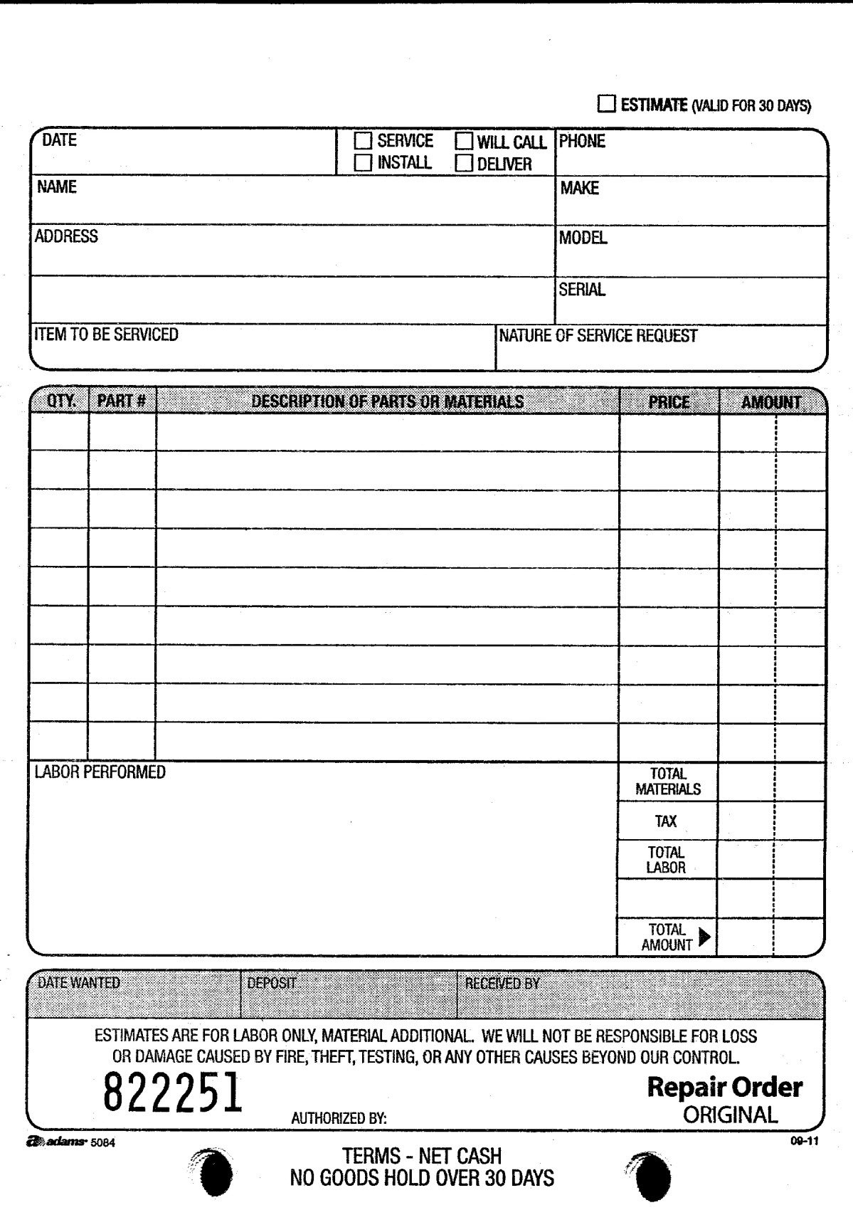 Adams D5084 Repair Order Book | 2-PART Service Book